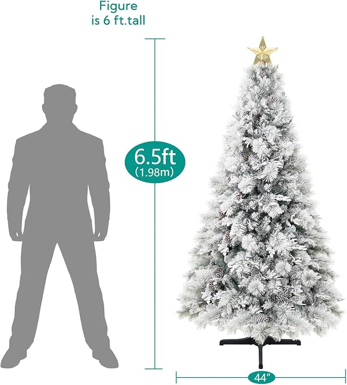 Darla 6.5ft Snow Flocked Rotating Christmas Tree with Star Projector, 35 Pine Cones, 674 Branch Tips, 300 Warm Lights and Rotating Base, 44" Wide Snowy Frosted Pine Christmas Tree with Lights