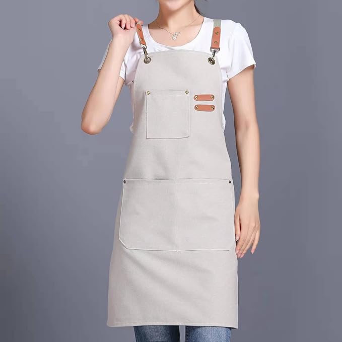 Tosewever Canvas Cross Back Chef Cotton Aprons for Men Women with Large Pockets