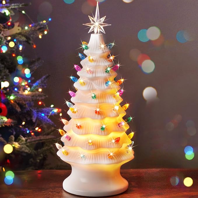 Lakumu 16.5" Table Top Christmas Tree, Hand Painted Resin Christmas Tree with Lights, Pre-lit Xmas Tree Decor Lighted Tabletop Decoration with Multicolored LED Bulbs, Ceramic-Like Finish, White