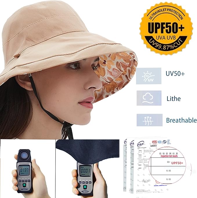 vidsel Womens Sun Hats Wide Brim Reversible Bucket Cotton Hat Packable Summer Travel Cap with Hat Clip,UV Protection