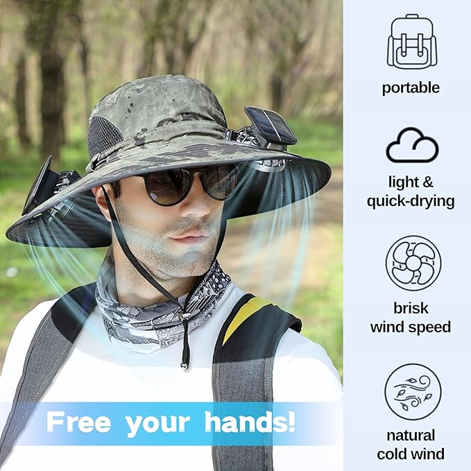 Wide Brim Sun Hat with Solar Fan, Solar Fan Hat, Men Sunscreen Sun Hats with Fans, SolarFan Outdoor