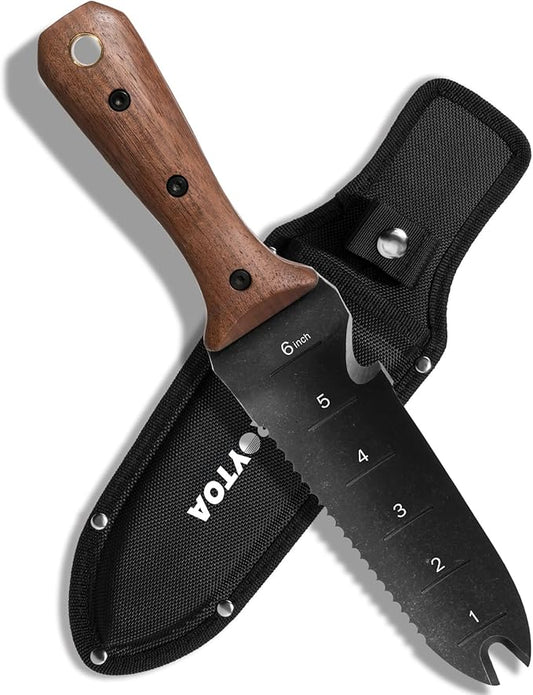 Hori Hori Garden Knife, Garden Tools with Sheath for Weeding,Planting,Digging, 7" Stainless Steel Blade with Cutting Edge, Full-Tang Wood Handle with Hanging Hole