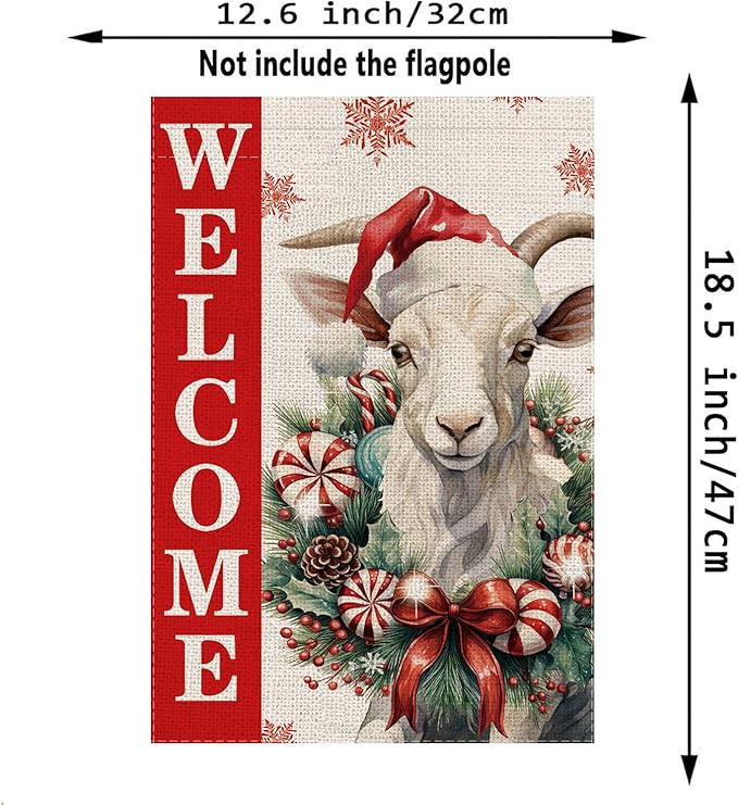 Christmas Garden Flag Welcome Xmas Goat Winter Holiday Decorations Burlap Vertical Double Sided Farmhouse Yard Lawn Outdoor Decor 12.5 x 18 Inch