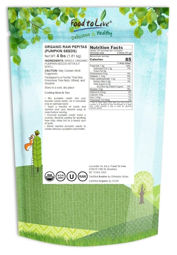 Food to Live Organic Raw Pepitas, 4 Pounds — Non-GMO, Pumpkin Seed Kernels, Unsalted, No Oil, No Shell, Vegan, Kosher, Bulk. Keto Snack.