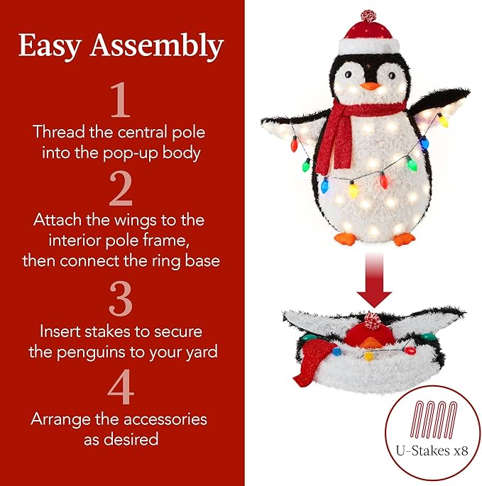Best Choice Products 2-Piece Lighted Penguin Family, 3ft Pop-Up Outdoor Christmas Holiday Decoration w/ 150 LED Lights, Multicolored Lights - Red