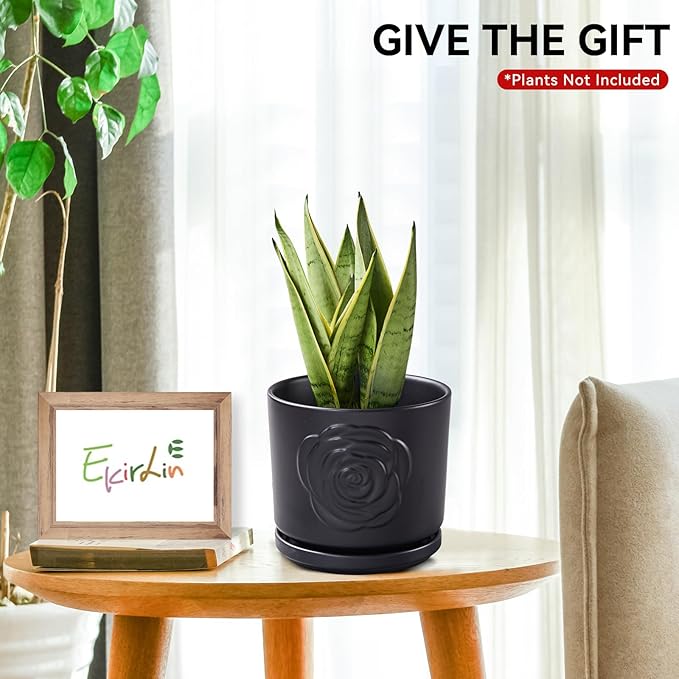 Ekirlin 7 inch Flower Plant Pot Indoor - Ceramic Garden Planters, Modern Rose Pattern Plant Pots with Drain Hole Saucer, Weatherproof Decorative Pot for Home, Office & Outdoor (Black)