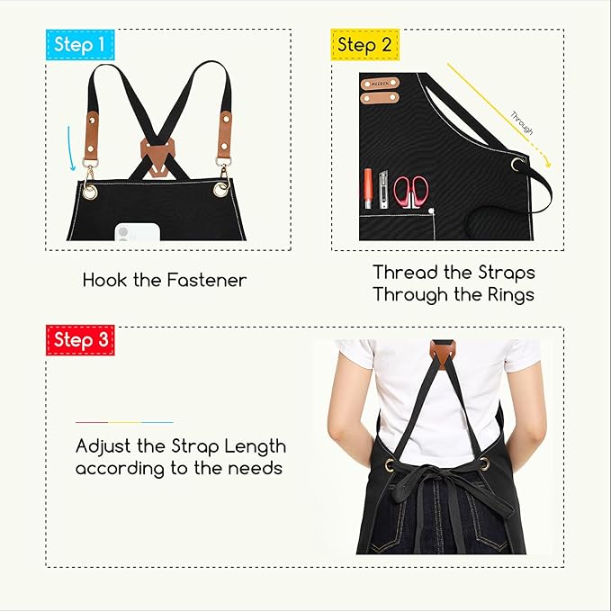 MEEDEN Painting Apron for Men Women: Adjustable Cross Back Waterproof Polyester Canvas Art Apron with 3 Pockets - Artist Apron for Acrylic Oil & Watercolor Painting, Gardening, Cooking - Black