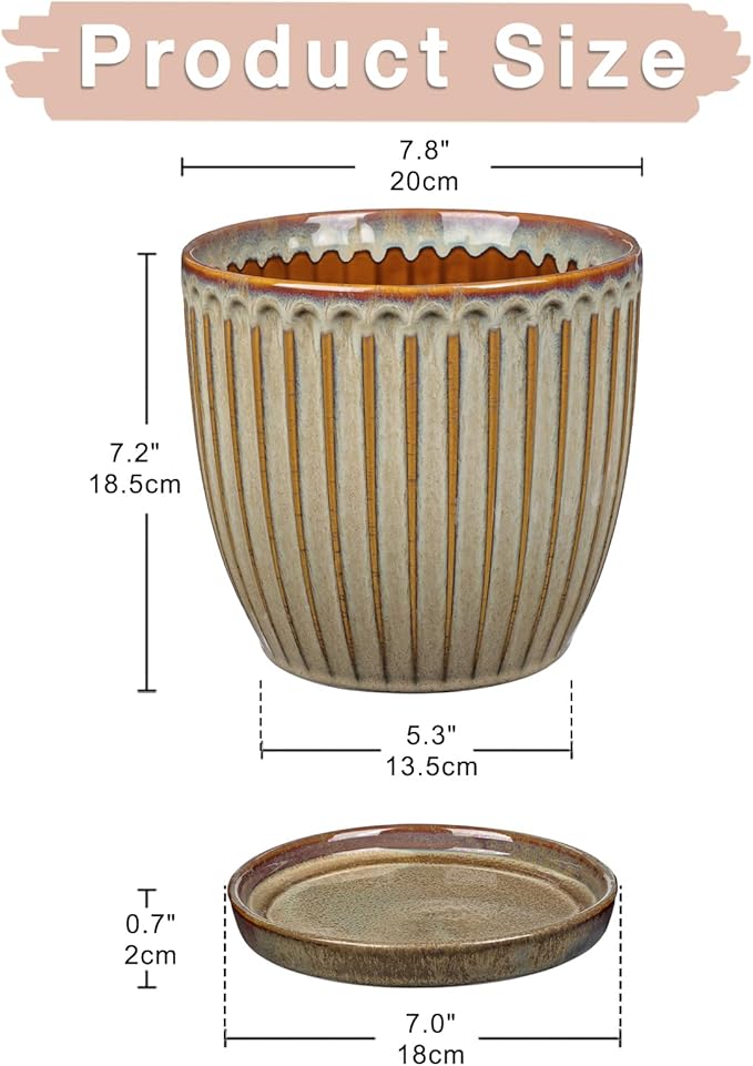 Oairse Ceramic Pots for Indoor Plants, 7.8 inch Pots for Plants Brown Planters with Drainage Holes and Saucers Texture Ceramic Planters Indoor Outdoor for Succulent
