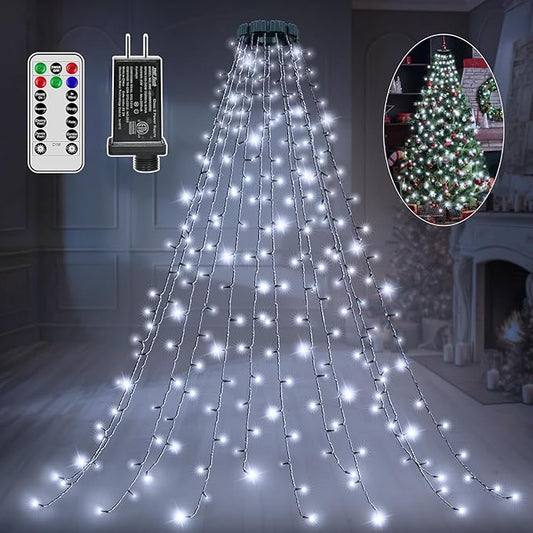 Christmas Tree Lights with Remote, 300 LED 8 Lights Modes with Timer& Memory Function, White Christmas Lights Waterproof for Outdoor Indoor Christmas Decorations