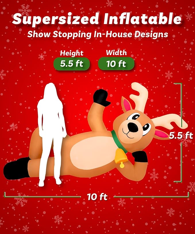 Holidayana Christmas Inflatables Large 10 ft Lounging Reindeer - Inflatable Outdoor Christmas Decorations Blow Up X-mas Decorations for Yard, Lawn & Garden Internal Lights & Built-in Fan