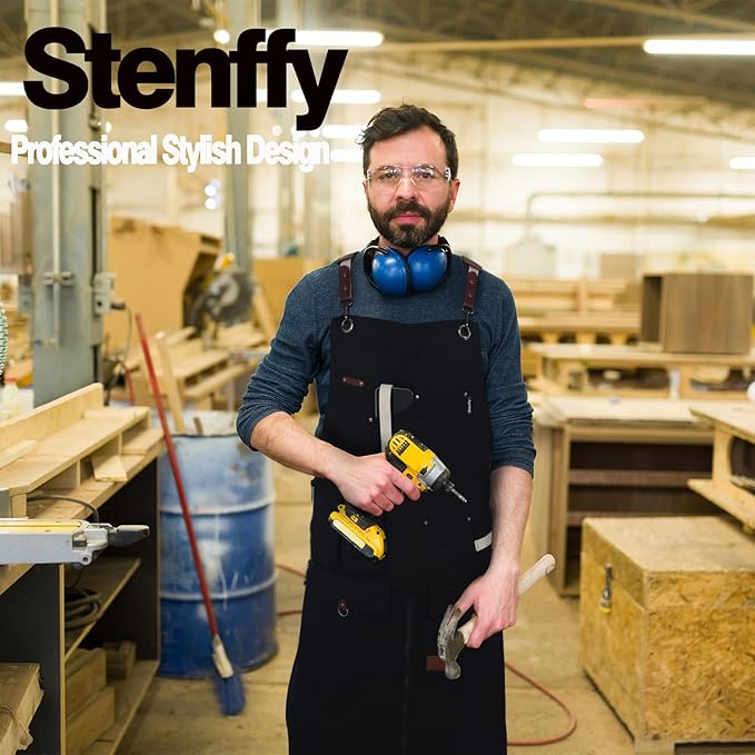 Woodworking Apron, Tool Apron, Canvas, Multiple Pockets, Adjustable Zipper, Metal Ring, Tape Measure Clip, Plus Size, Black.