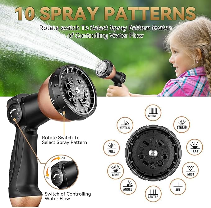 50 ft Expandable Garden Hose - Kink Free Flexible Water Hose with Thumb-Controlled 10-Function Nozzle, 3/4 Solid Brass Connectors, Retractable Latex Core - Lightweight Expanding Hose