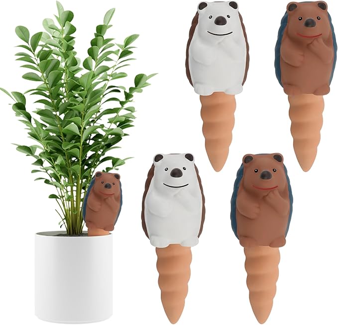 4Pcs Plant Watering Globes, Kalolary Hedgehog Shape Self Watering Spikes Terracotta Drip Water Stakes Irrigation Watering Bulbs for Pot, Indoor, Outdoor, Vacation