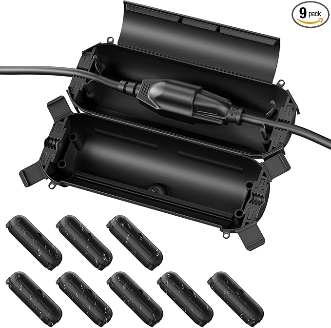 Flemoon [9 Pack] Outdoor Extension Cord Safety Cover, IP44 Waterproof Connection Protector, Weatherproof Electrical Box for Outdoor Plug, Outlet, Holiday Light, Christmas Decorations, Black
