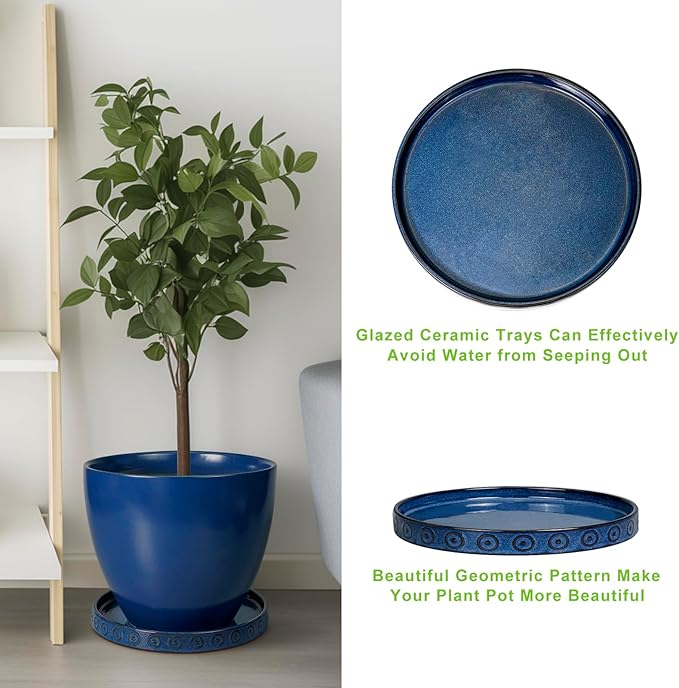 Plant Pot Saucer - 11.4 Inch Plant Saucer for Outdoors Ceramic Plant Tray for Indoors No Holes Large Plant Drip Trays Round Flower Pot Saucer Plant Dishes to Catch Water Blue