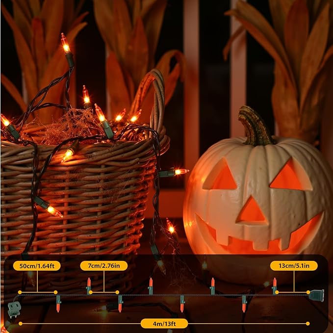 Orange Christmas Lights, 13FT 50 Count Incandescent Mini String Light with Green Wire, Waterproof Orange Christmas Tree Lights Plug in for Halloween Outdoor Indoor Patio Home Party Xmas Decor