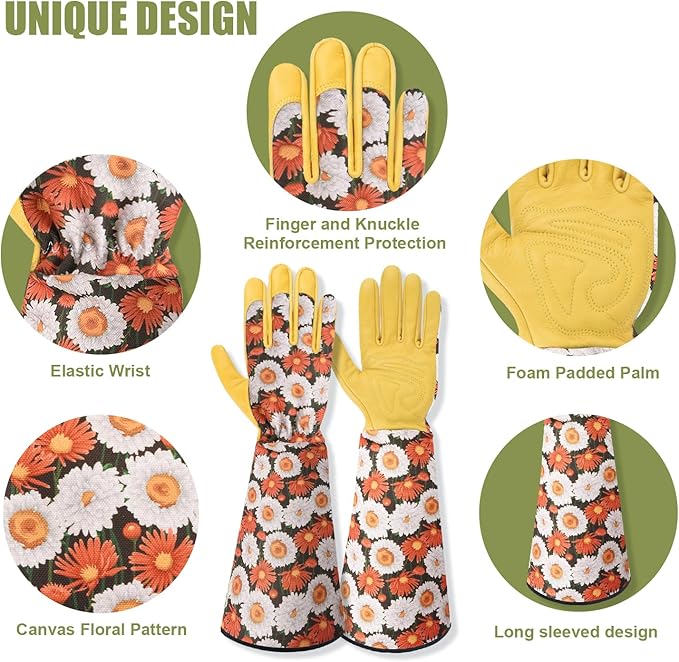 Long Gardening Gloves for Women Thorn Proof,Rose Pruning Cowhide Leather Garden Gloves for Cactus, Rose and Blackberry