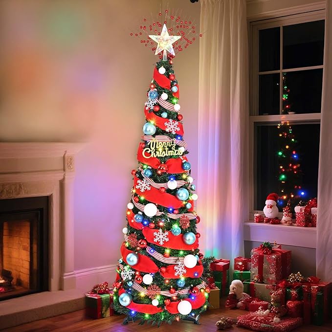 Dolicer 6FT Pop Up Artificial Christmas Tree with Lights & Remote, Collapsible Easy Christmas Tree with 200 Warm White & Colorful LED Lights, Foldable Xmas Tree for Small Space