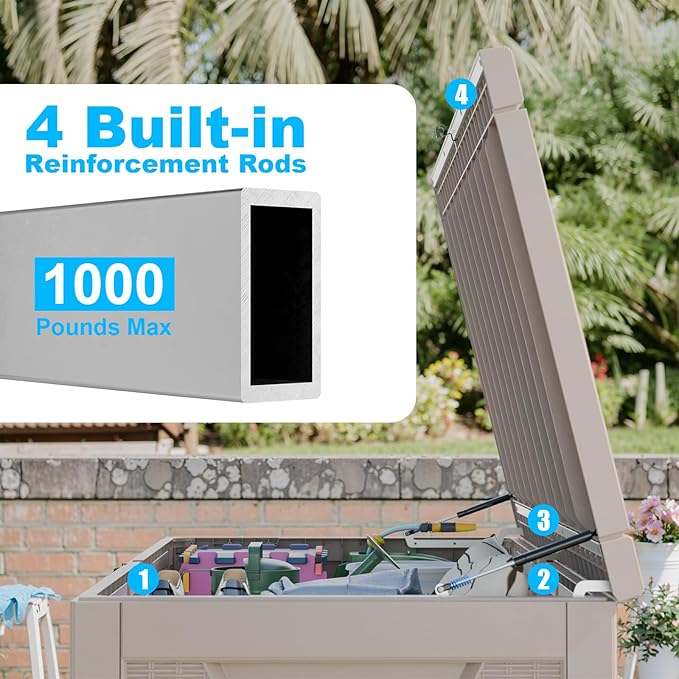 260 GallonOutdoor Storage Box,Resin Deck Boxes Waterproof, IndoorOutdoor Bin for Package Delivery, Patio Cushions, Gardening Tools, Lockable, UV Resistant