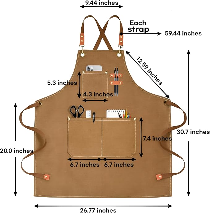 Heavy-Duty Canvas Tool Apron – Adjustable Cross-Back Work Apron with Pockets for Woodworking, Gardening & Crafts