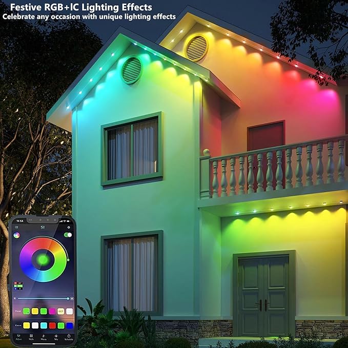 Permanent Outdoor Lights,50ft RGB + IC Smart LED Eaves Lights with App & Remote Control, IP67 Waterproof,for Christmas and All Holiday Decor,Daily and Accent Lighting,House Roof and Garden Lighting