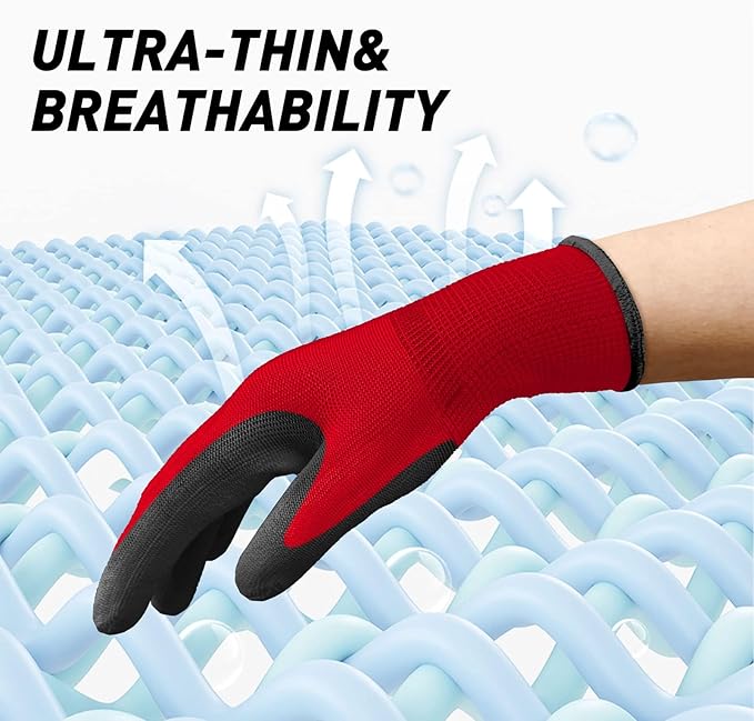 Ultra-Thin PU Coated Work Gloves 12 Pairs Breathable High Dexterity Gardening Warehouse Assembly Precision Tasks