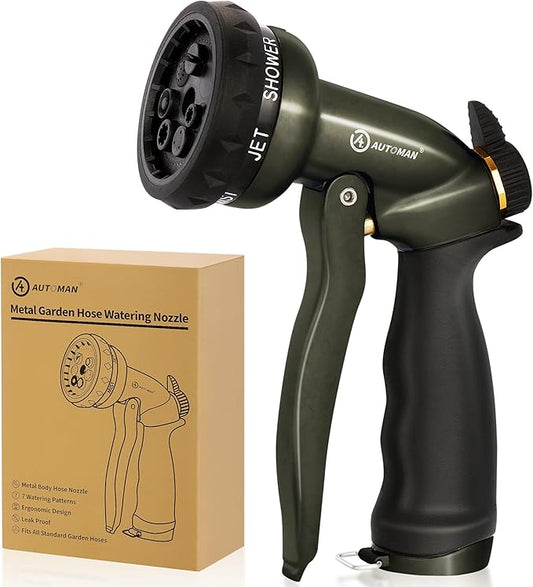 AUTOMAN Garden Hose Nozzle - 7 Patterns Sprayer, 100% Metal High Pressure Spray Nozzle, Labor-Saving Design, Heavy Duty Water Hose Nozzle for Garden Watering, Car Washing, Window Cleaning,Pets Bathing