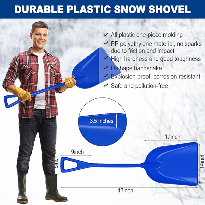Frienda 3 Pieces Plastic Snow Shovel 43 x 14 Inches Heavy Duty Hygienic Shovel with D Shaped Grip Handle Large Durable Seamless Snow Scoop for Kitchen Gardening(Blue)
