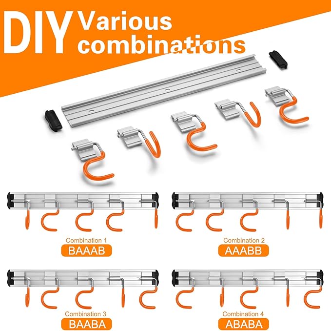 34.5'' Aluminum Alloy Garden Tool Organizer Wall Mount Garage Organizers and Storage with Hooks Tool Hangers for Shed Hooks for Shovel, Rake, Broom & More