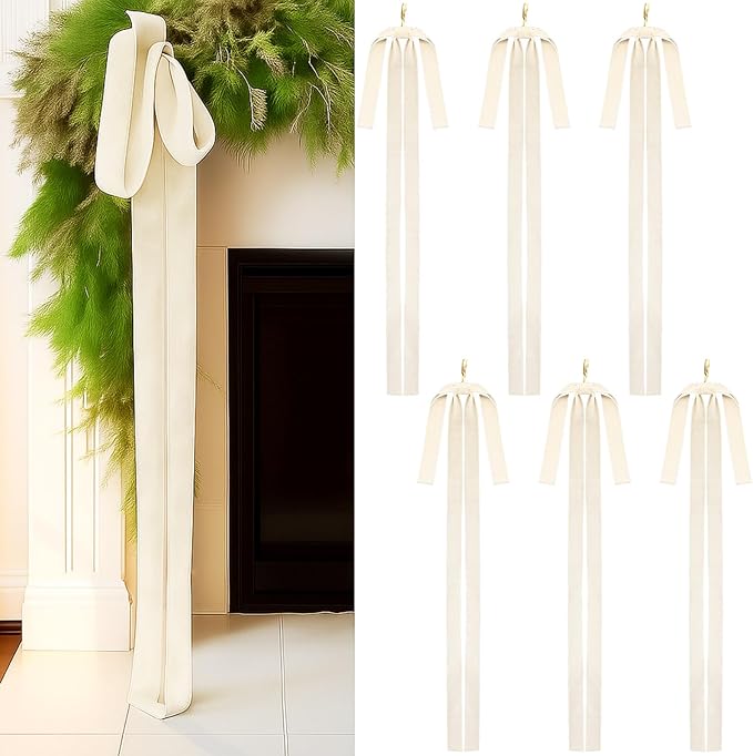 Janinka 6 Pcs Beige Velvet Christmas Swag Bow 31.5 x 23.6 inch Large Neutral Cream Christmas Ornament Vintage Rustic Velvet Staircase Wreath Bows Xmas Tree Topper Bows Large Bow for Outdoor