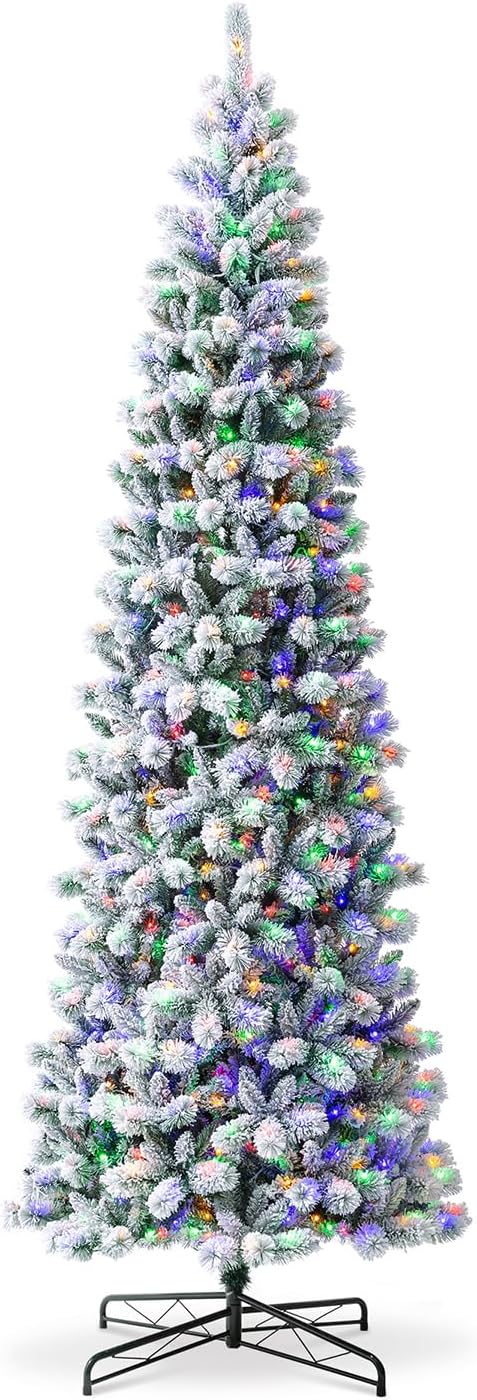 Glitzhome 11ft Pre-Lit Flocked Pencil Artificial Christmas Tree, Portland Snowy Pine Pencil Christmas Tree with 700 LED Lights, 9 Functional Warm White/Multi-Color, Remote Controller