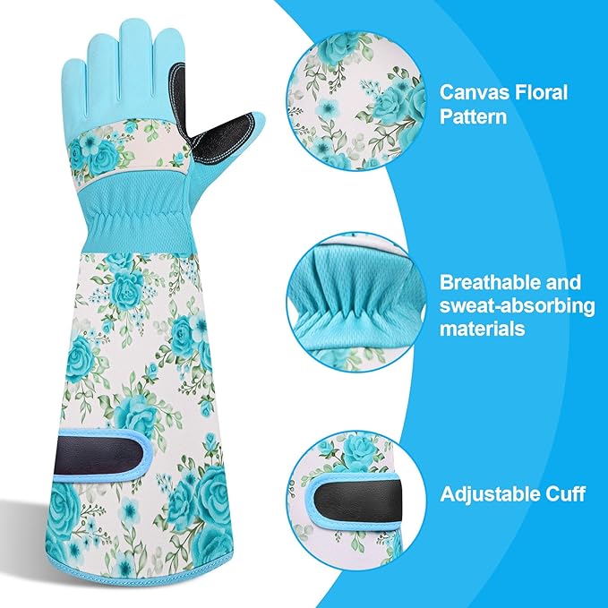 DLY Gardening Gloves for Women, Rose Gloves Gardening Thorn Proof, Long Garden Gloves for Women, Breathable & Durable Leather Gauntlet(Medium, Light Blue)