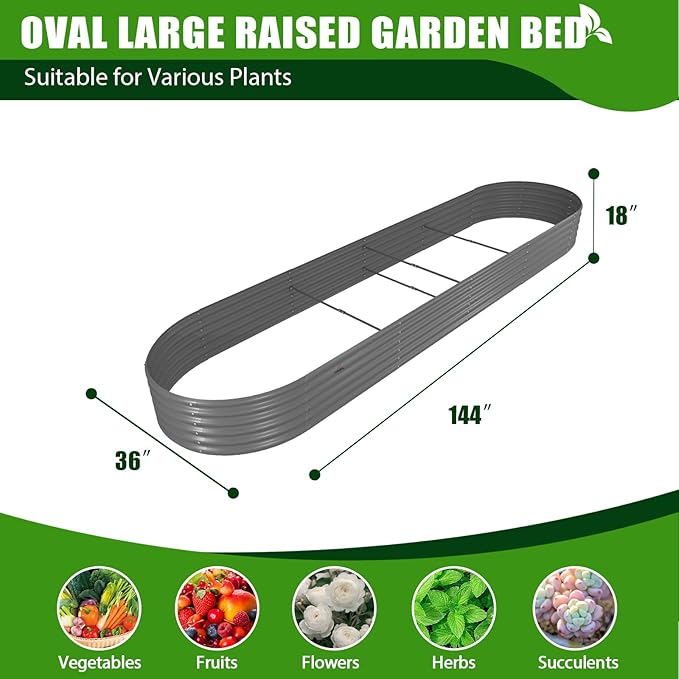 A ANLEOLIFE 12X3X1.5 ft Galvanized Raised Garden Beds Outdoor, Oval Extra Large Metal Planter Box for Planting Vegetables Flowers Herb, Anti-Rust & Easy-Setup, Quartz Grey