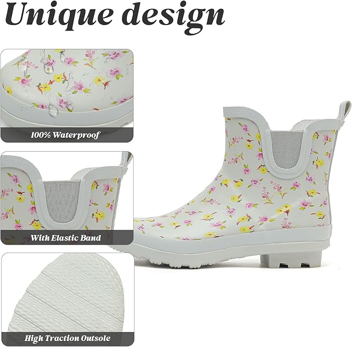 SWIFTFROG Rain Boots for Women - Waterproof Ankle Garden Shoes Anti-Slipping Floral Printed Rainboots for Ladies Stylish Light Ankle Rain Shoes, Women's Rain Footwear