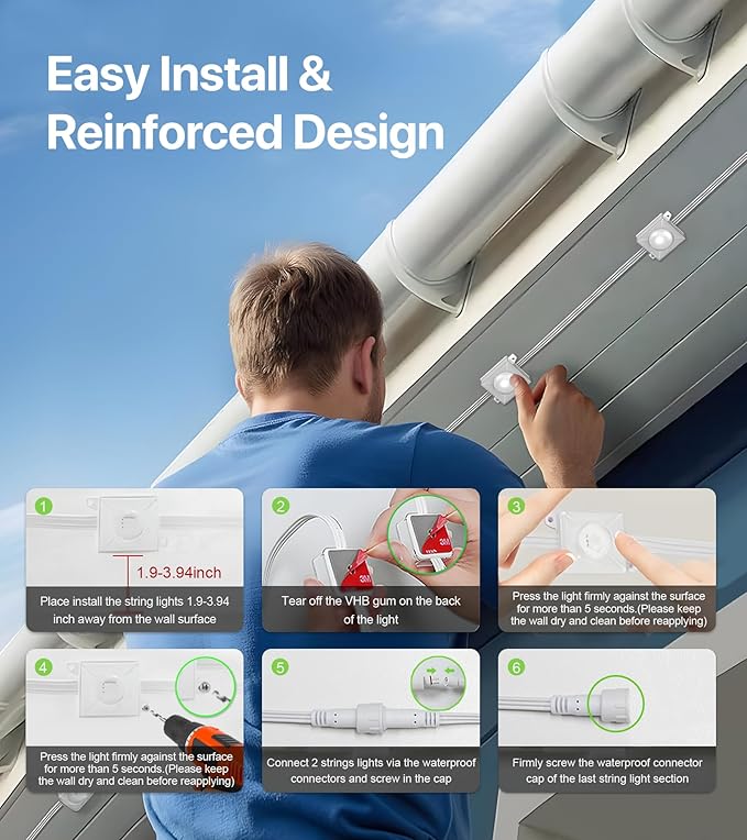 Permanent Outdoor Lights,50FT RGB+IC LED Lights with Smart APP & Remote Control, 72 Scene Modes, Waterproof IP65 for Holiday,Christmas,Yard Decorations