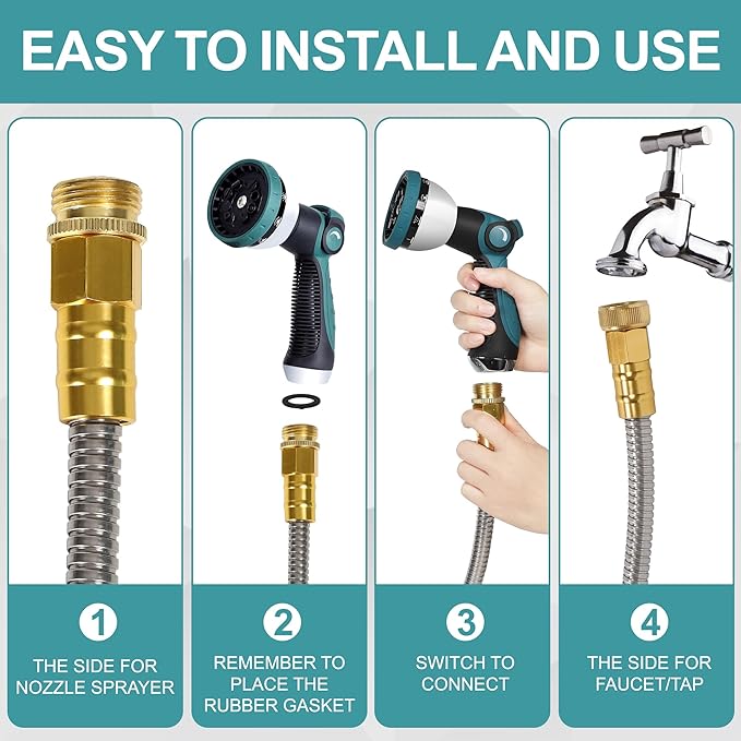 50FT Garden Hose, 304 Stainless Steel Water Hose, Flexible with a 10-Mode Nozzle Sprayer, No Kink, Lightweight, Puncture Proof, Ideal for Yard, Lawn, Outdoor, 5/8" Outside Diameter