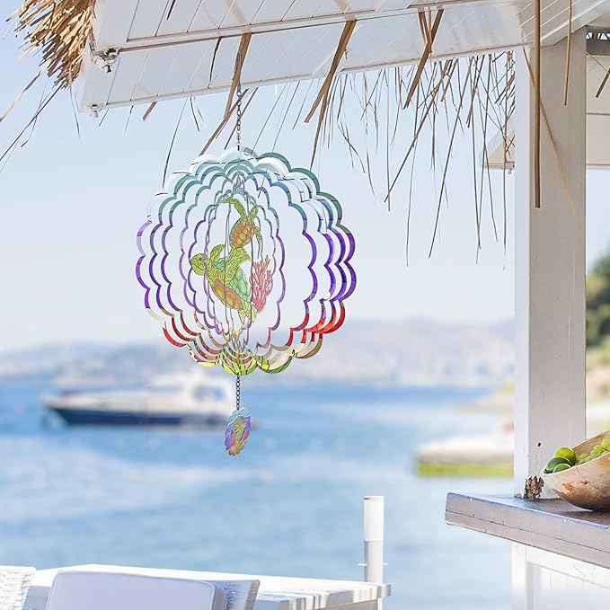 Turtle 3D Wind Spinner Kinetic Metal Art Hanging Wind Spinner Outdoor Decoration Ocean Ornaments Decor for Yard and Garden