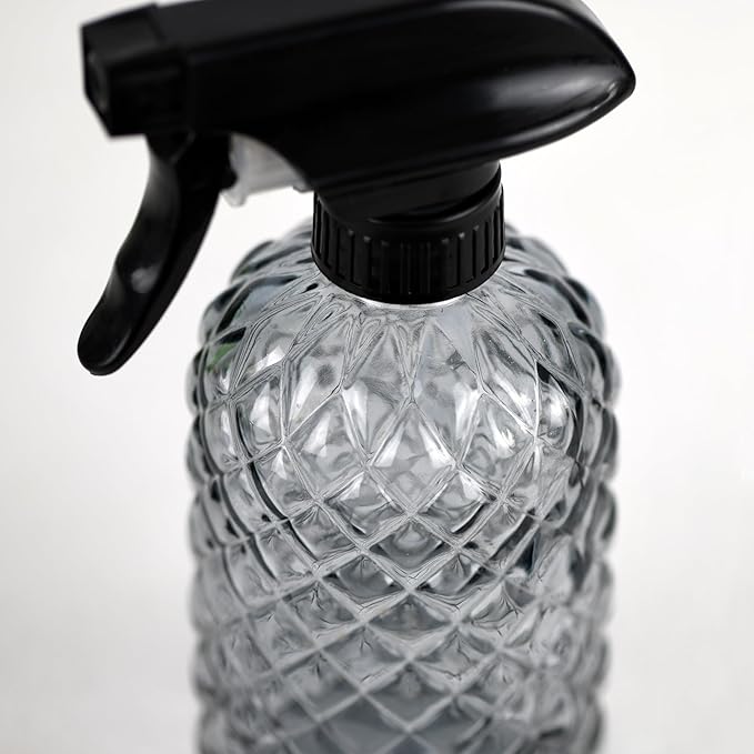 12Oz Glass Plant Spray Bottle, Gem Pattern Glass Sprayer, Watering Can with Black Plastic Top Pump, Handheld Watering Can for Indoor Outdoor Potted Plants and Greenery (Grey)
