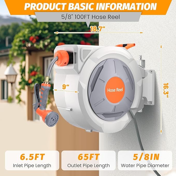 Retractable Garden Hose Reel 5/8 in x 65 Ft, EliteEdge Wall Mounted Garden Hose Reel, with 9 Function Sprayer Nozzle, Any Length Lock, Lock/Automatic Slow Return System, 180° Swivel Bracket