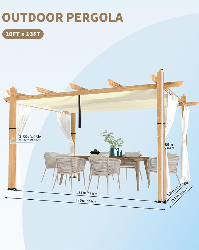 Garvee 10x13 Ft Outdoor Pergola with Retractable Canopy Aluminum Gazebo Imitation Wood-Grain Post with Side Mesh Screen Modern Pavilion for Backyard Deck(Beige+White)