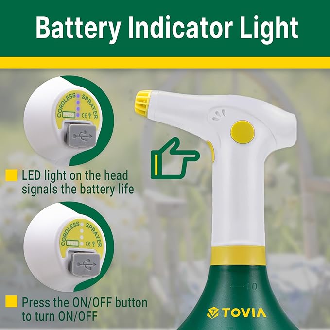 T TOVIA: Garden Sprayer 1 Liter Battery Spray Bottle Powered Electric, Rechargeable, Portable Garden and Plant Sprayer, Mister, for Outdoor and Indoor Plants,Cleans and Gardens, Handheld Powered