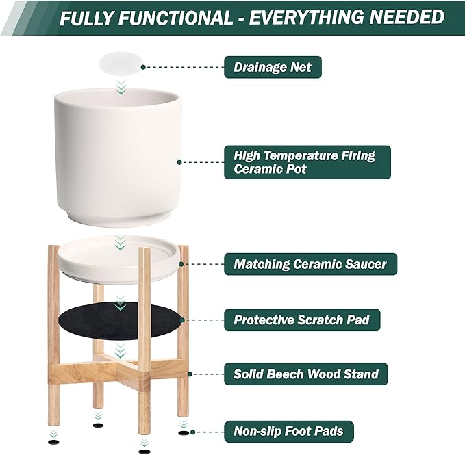 D'vine Dev Ceramic Planter with Natural Stand - 12 Inch Modern Round Flower Pot with Wood Planter Holder, Oatmeal, 55-B-J-8