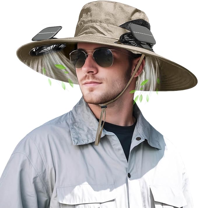 Solar Powered Fan Hat for Men Women Wide Brim Hat with 2 Fans UPF 50+ Outdoor Fishing Beach Sun Hat