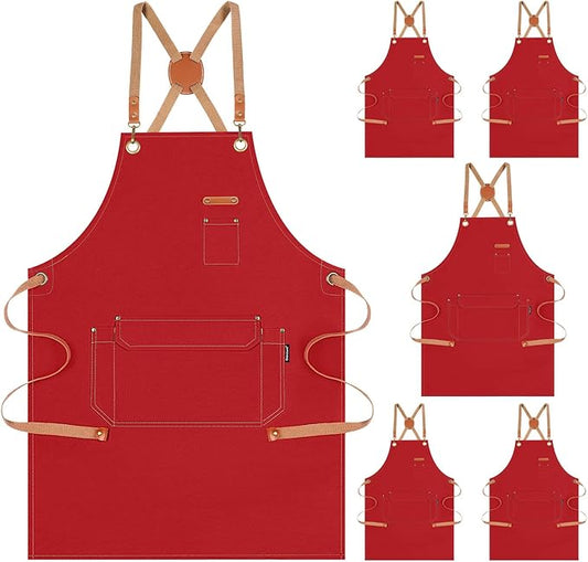 Genixart 6 Bulk Pack Chef Apron for Men Women with Pockets, Cross Back Apron for Kitchen Cooking Baking Artist Painting, Cotton Canvas Work Aprons for Restaurant, Cafe Shop, Garden (Red, M to XXL)