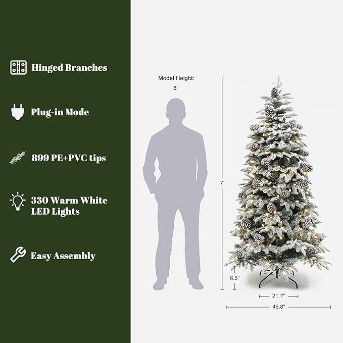 LuxenHome 7FT Christmas Tree with Lights, Flocked Artificial Christmas Tree with 8 Lighting Functions, 330 LED Lights, Pine Cone, Prelit Xmas Trees for Indoor and Outdoor Holiday Decor