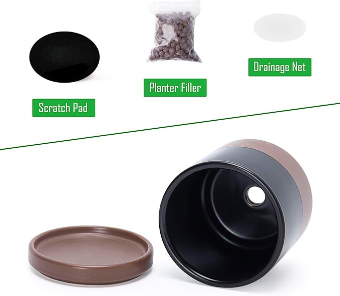 D'vine Dev Set of 3 Plants Pots, 3.5 Inch Ceramic Planter Pot for Plants with Drainage Hole and Saucer, Black/Speckled Tan, 94-N-A-7