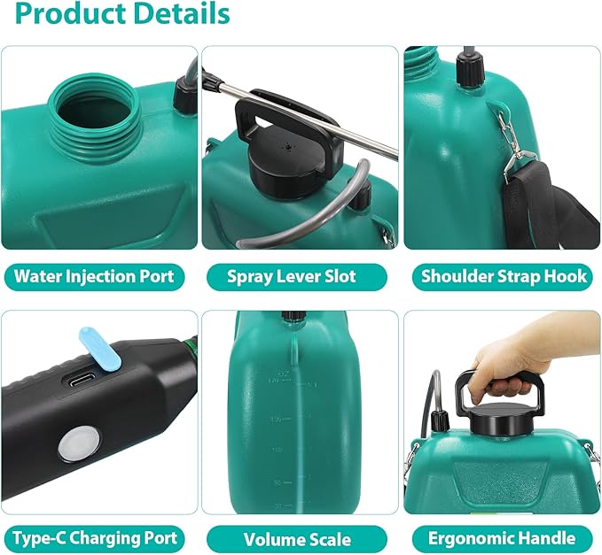 1.35 Gallon/5L Battery Powered Electric Sprayer with USB Rechargeable Handle, Portable Garden Sprayer with 23.6" Telescopic Wand, 3 Mist Nozzles and Adjustable Shoulder Strap