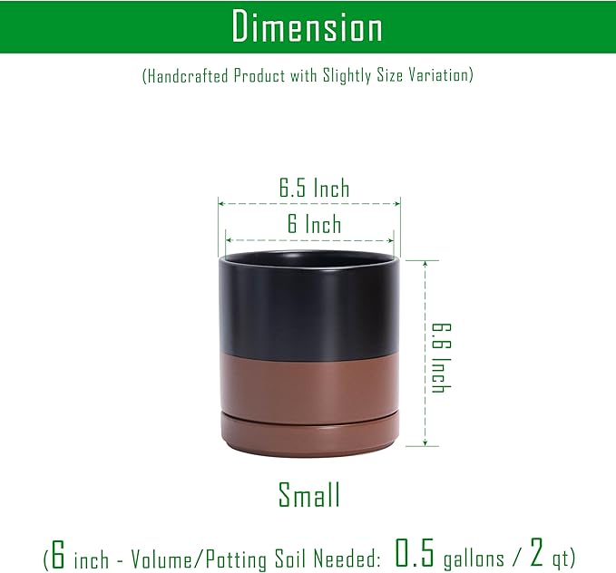 D'vine Dev 6.5 Inch Ceramic Planter Pot with Drainage Hole and Saucer, Indoor Cylinder Round Planter Pot, Black/Speckled Tan, 94-O-C-7