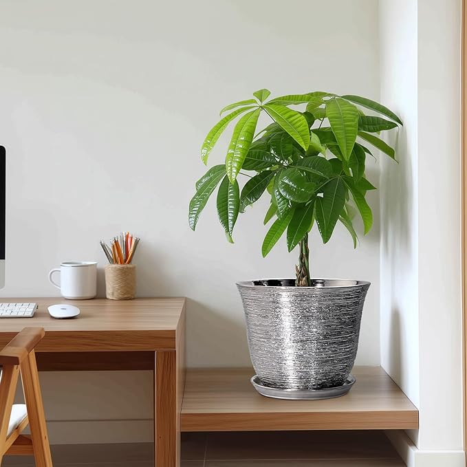 10 Inch Plant Pot - Ceramic Planter with Drainage Hole and Plant Saucer, Round Planter for Indoor Outdoor, Large Modern Decorative Flower Pots, Living Room Decor, Plant Lovers Gifts, Silver