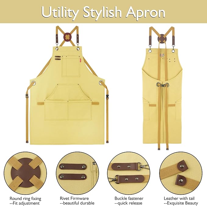 Kitchen Apron, Work Apron, Canvas, Multiple Pockets, Gardening, Painting, BBQ, Artist, Carpenter, Sizes M to XXL, Amber